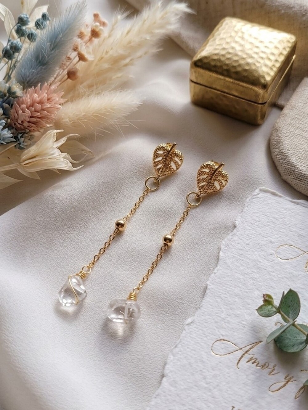 Gold Leaf Drop Earrings with Clear Crystal Pendants - Women Jewelry